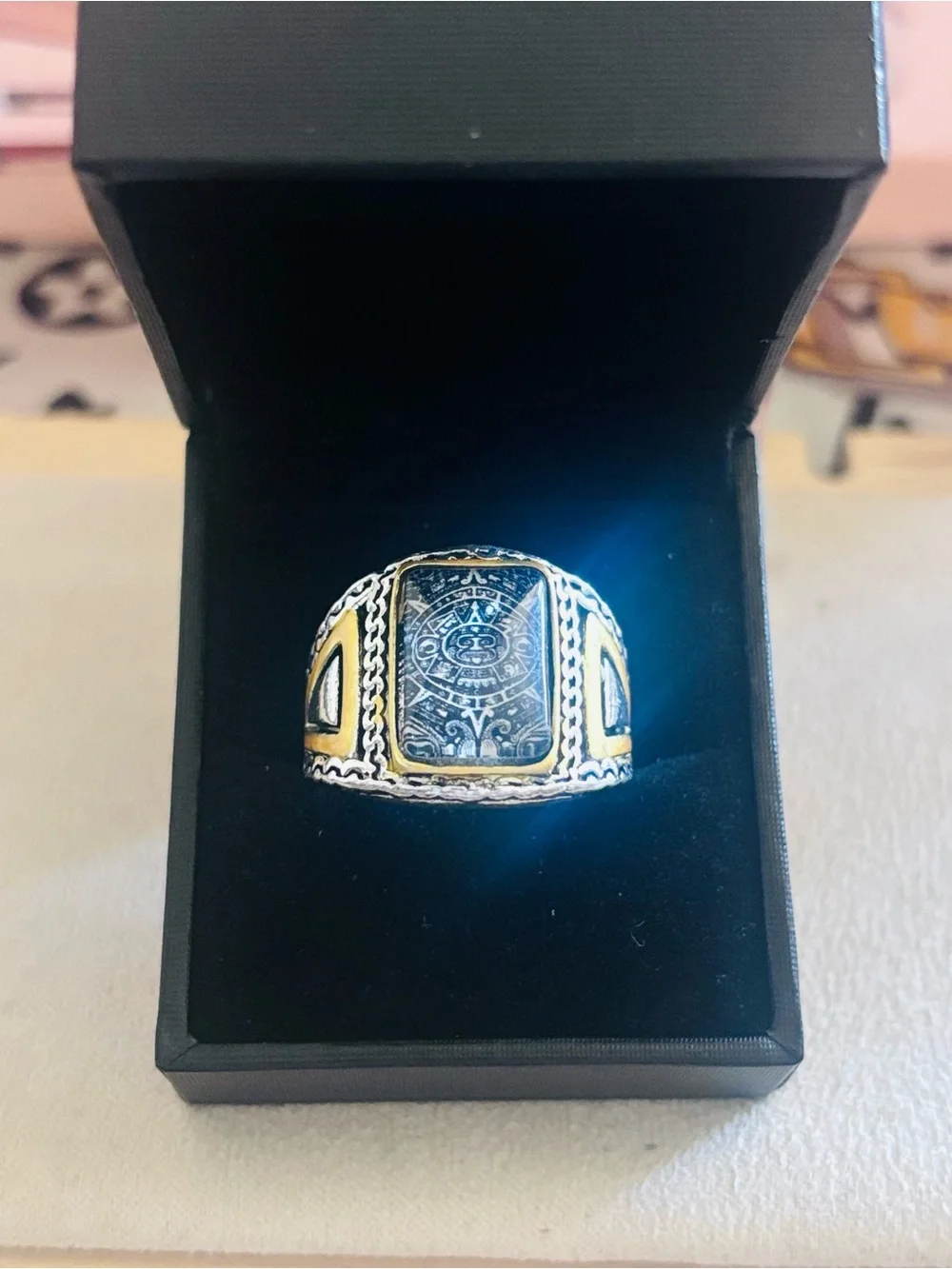 Two-Tone Aztec Motif Men's Signet Ring in Black and Gold Size 11.5